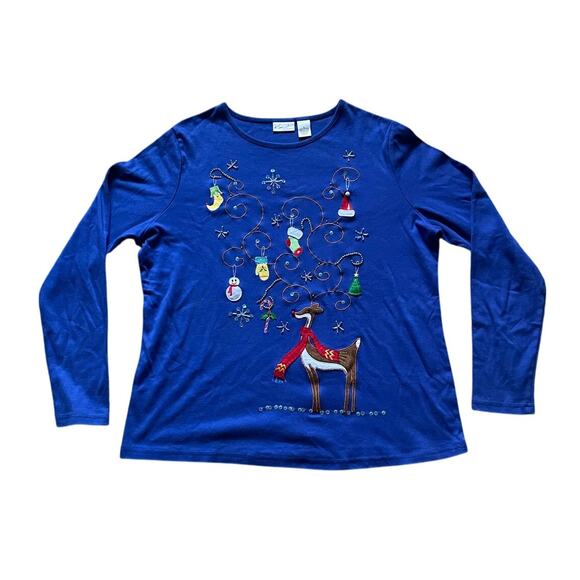 Kim Rogers Blue Holiday Long Sleeve Shirt with Rudolph mittens Santa Hat Cotton - Picture 1 of 6